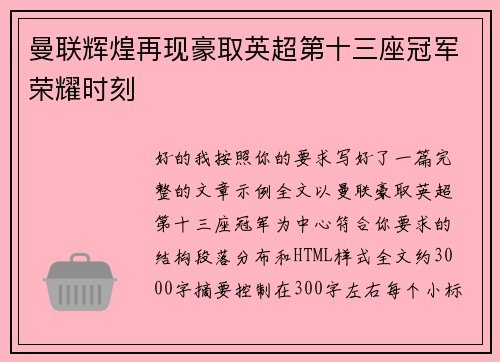 曼联辉煌再现豪取英超第十三座冠军荣耀时刻 曼联辉煌再现豪取英超第十三座冠军荣耀时刻