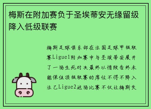 梅斯在附加赛负于圣埃蒂安无缘留级降入低级联赛 梅斯在附加赛负于圣埃蒂安无缘留级降入低级联赛